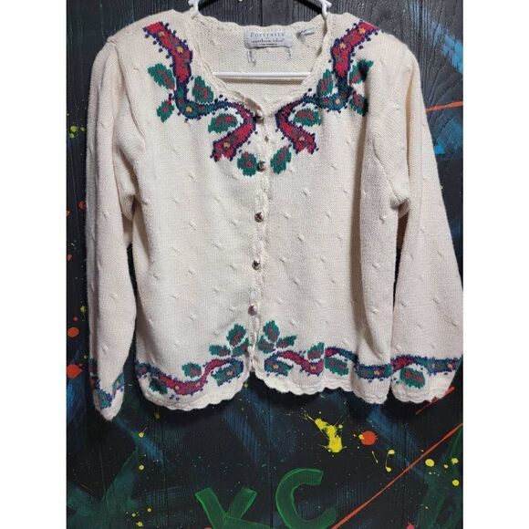 Northern Isles Sweaters - Portraits by Northern Isles Embroidered Cardigan Padded Shoulders #068‎